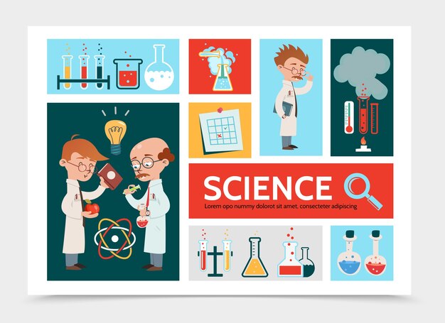 Flat scientific research infographic concept with scientists tubes flasks note thermometer laboratory