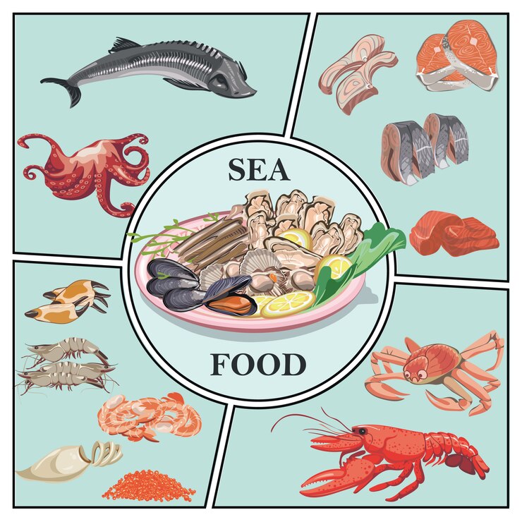Free Vector flat sea food composition with sturgeon crab lobster prawns shrimps caviar herring zander trout meat mussels oysters