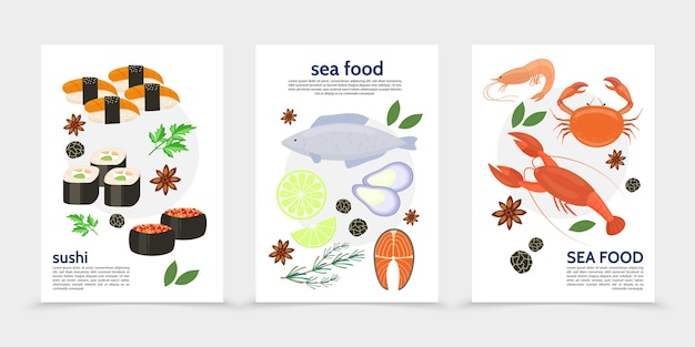 Flat sea food posters with fish lobster crab shrimp mussels salmon steak sushi rolls herbs spices