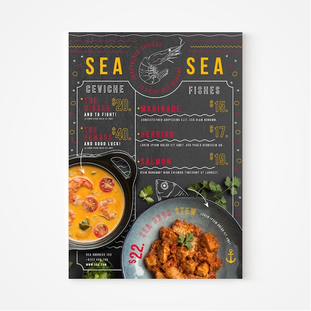 Free vector flat sea rustic restaurant menu with photo