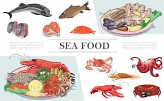 Free vector flat seafood colorful composition with lobster crayfish squid octopus fish caviar mussels oysters scallops sturgeon zander trout meat