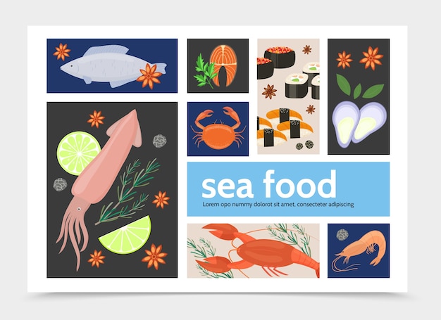 Free vector flat seafood infographic template with natural squid fish crab lobster shrimp salmon steak mussels