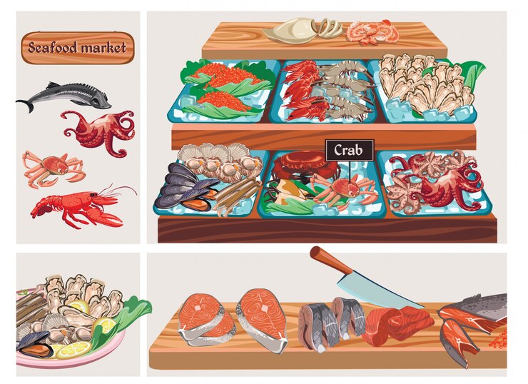Free Vector flat seafood market composition with sturgeon octopus crab lobster caviar mussels prawns shrimps squid scallops zander salmon herring fishes meat on counter 