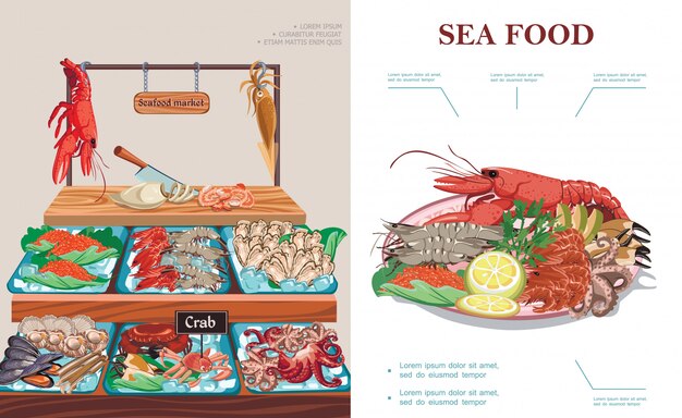 카운터에 바다 음식 랍스터 오징어 캐비어 새우 새우 홍합 굴 크랩 가리비 문어의 접시와 함께 플랫 해산물 시장 개념
