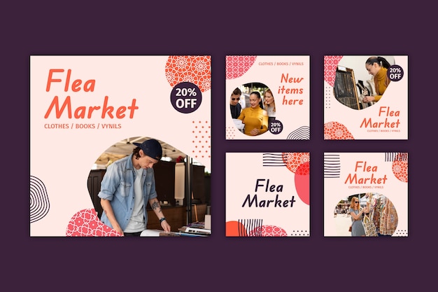 Free vector flat second-hand flea market instagram posts collection