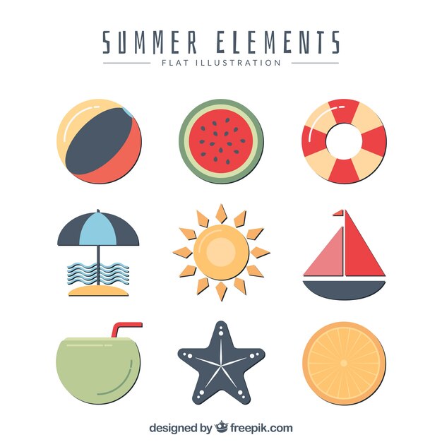 Flat selection of colored summer items