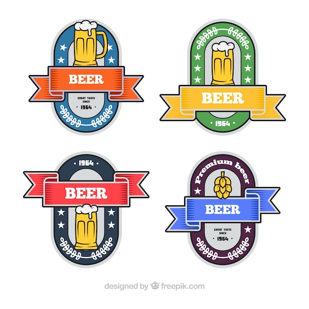 Flat Selection of Four Colored Beer Stickers – Free Vector Template Download