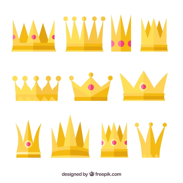 Flat selection of nine gold crowns