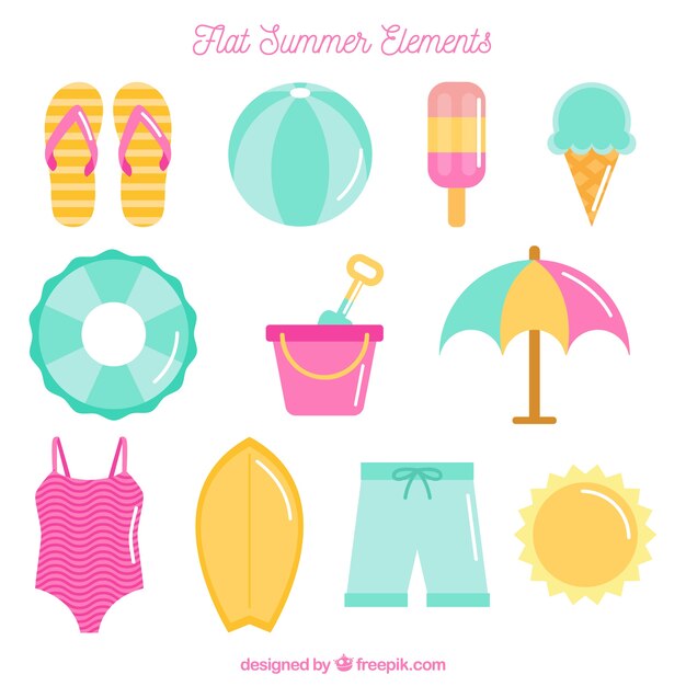 Flat selection of summer objects in pastel colors