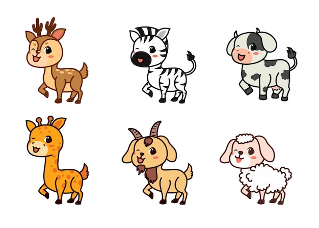 Flat set of cute deer, zebra, cow and more in different actions. Adorable forest animals on a white