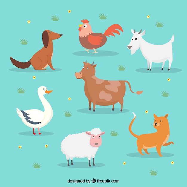 Плоский набор симпатичных сельскохозяйственных животных