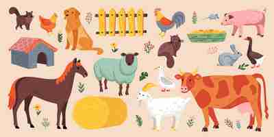 Free vector flat set of farm objects and domestic animals with cattle birds and pets isolated on color background vector illustration