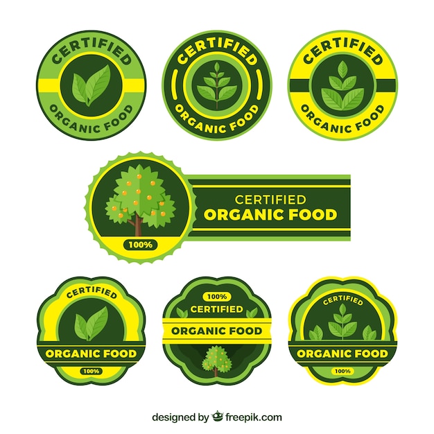 Flat set of green and yellow organic food labels