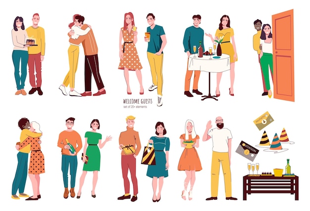 Free vector flat set of guests with gifts and people welcoming them at their party isolated vector illustration