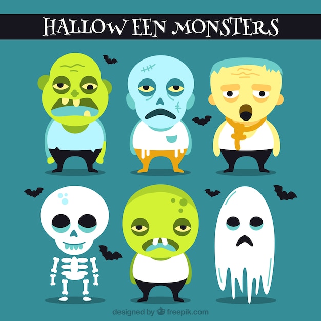 Flat set of halloween monsters with blue details