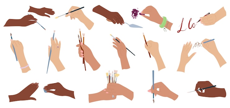 Free Vector flat set of human hands holding paintbrushes pencils spatula crayon isolated vector illustration