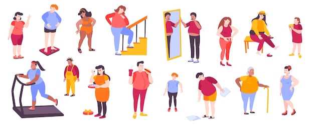 Плоский набор иконок с толстыми людьми, измеряющими и взвешивающими себя, поедающими нездоровую пищу и занимающимися спортом на белом фоне векторной иллюстрации