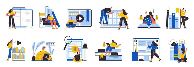 무료 Vector 온라인 도서관 격리 된 벡터 일러스트 레이 션에서 책을 읽고 인간의 문자와 아이콘의 평면 세트