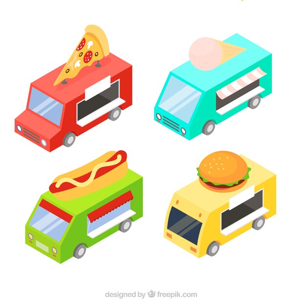 Flat set of isometric food trucks