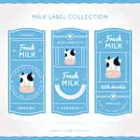 Free vector flat set of milk labels with decorative cow