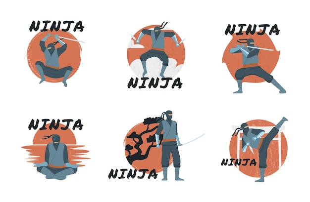 Set piatto di emblemi ninja con personaggi guerrieri che meditano e si allenano con armi isolate illustrazione vettoriale