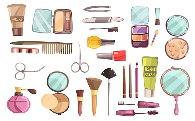 Плоский набор декоративной косметики для макияжа инструменты для маникюра парфюмерии и кисти изолированных вектор