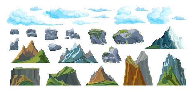 Плоский набор изолированных горных облаков и камней разного размера и формы векторной иллюстрации