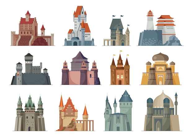 Плоский набор средневековых замков в разных архитектурных стилях на белом фоне изолированные векторные иллюстрации Premium векторы