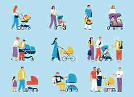 Free vector flat set of parents walking with baby carriages isolated on color background vector illustration