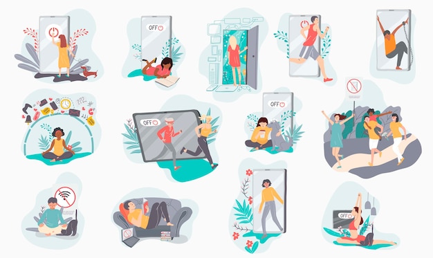 Free vector flat set of people doing digital detox isolated vector illustration