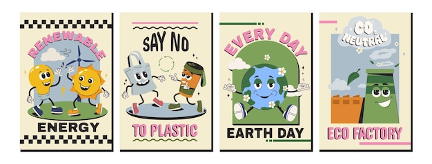 Free vector flat set posters of save the planet no plastic and renewable energy in trendy groovy style