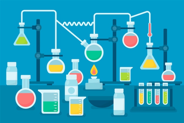 Set piatto di oggetti di laboratorio di scienza