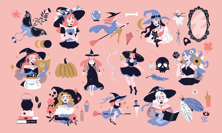 Free Vector flat set of young witches using various magical tools isolated on pink background vector illustration