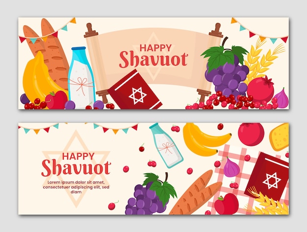 Vettore gratuito collezione di banner orizzontali shavuot piatti