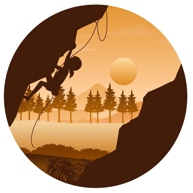 Flat silhouette rock climbing in nature background