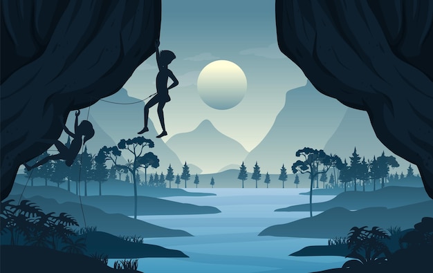 Flat silhouette rock climbing in nature background