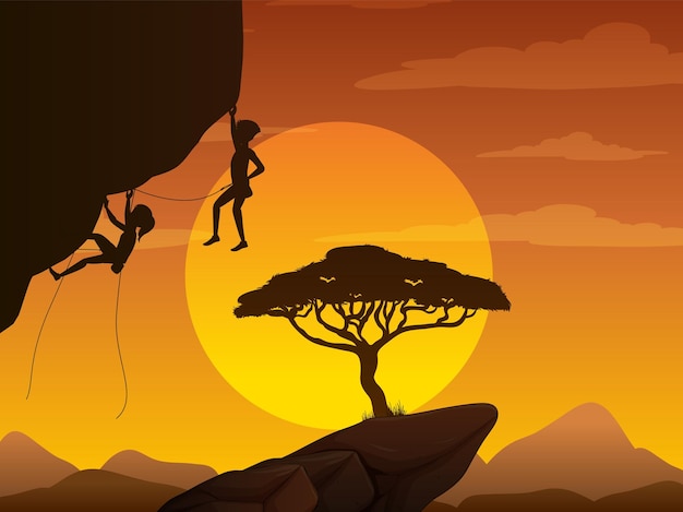 Flat silhouette rock climbing in nature background