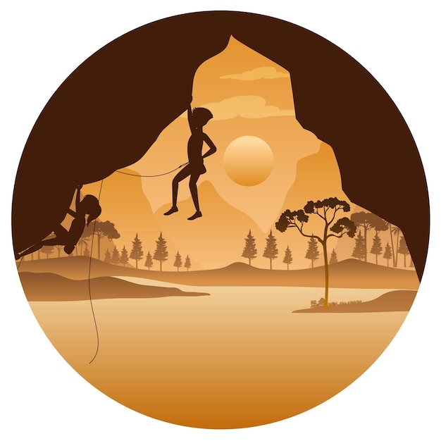 Flat silhouette rock climbing in nature background