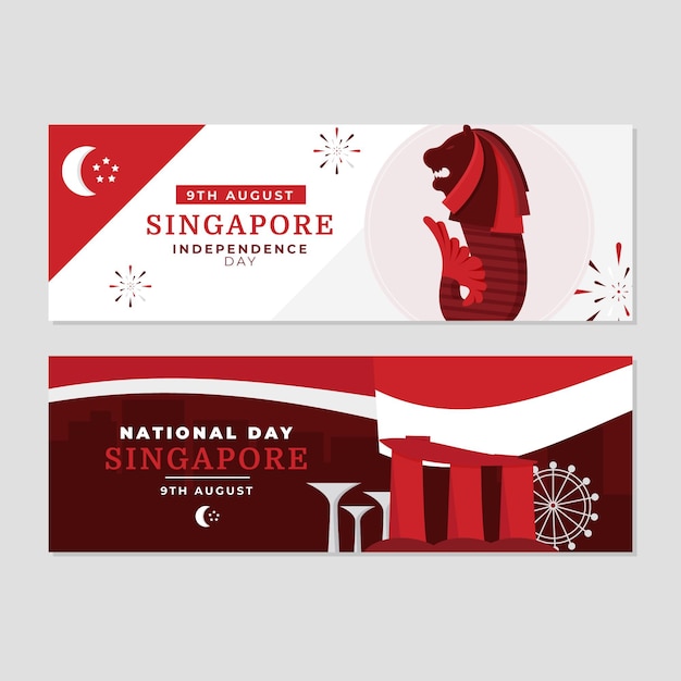 Vettore gratuito set di banner piatto per la festa nazionale di singapore