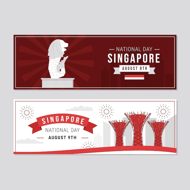 Vettore gratuito set di banner piatto per la festa nazionale di singapore