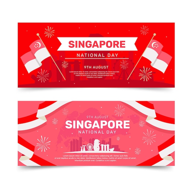 Бесплатное векторное изображение Набор плоских баннеров национального дня сингапура