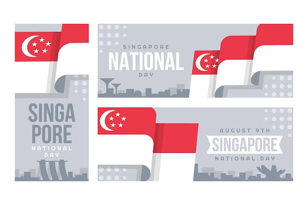 Vettore gratuito set di banner piatto per la festa nazionale di singapore
