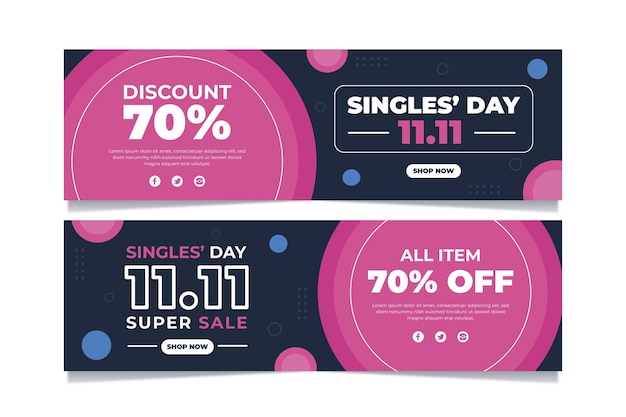 Free vector flat single's day horizontal banners set