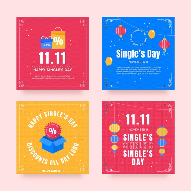 Flat single's day instagram posts collection