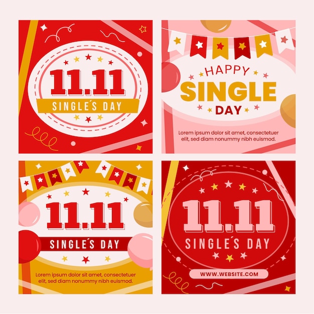 Free vector flat single's day instagram posts collection