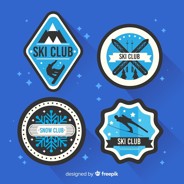 Vettore gratuito collezione di badge sci e neve piatta