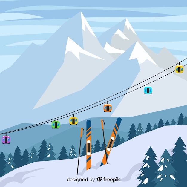 免费矢量平面滑雪站插图