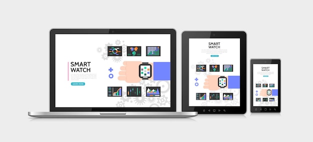 Плоские умные часы красочная концепция с современными умными часами под рукой диаграммы графики диаграммы адаптивные
