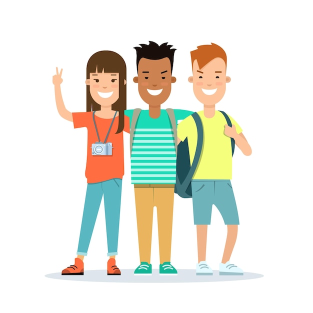 Flat Smiley teens with backpack and camera vector illustration Vacation concept