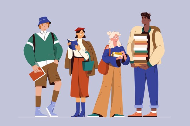 Плоские улыбающиеся студенты колледжа или университета с книгами
